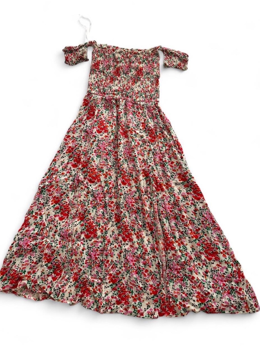 Girls Floral Off-Shoulder Maxi Dress in Red and Pink